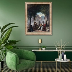 «Уличное шоу в Париже» в интерьере гостиной в зеленых тонах