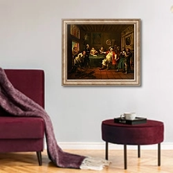 «Falstaff Examining his Recruits from Henry IV by Shakespeare, 1730» в интерьере гостиной в бордовых тонах