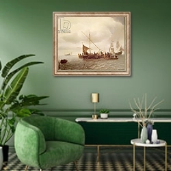 «Shipping Scene, 17th century» в интерьере гостиной в зеленых тонах