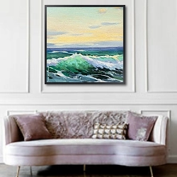«Морская волна» в интерьере зеленой гостиной над диваном