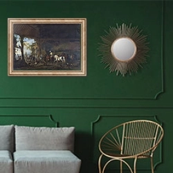 «Интерьер конюшни» в интерьере классической гостиной с зеленой стеной над диваном