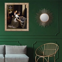 «Интерьер художественной студии» в интерьере классической гостиной с зеленой стеной над диваном