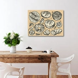 «Эскиз набора хлебобулочных изделий» в интерьере кухни с деревянным столом