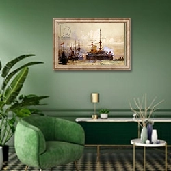 «The Funeral Cortege of Queen Victoria 1» в интерьере гостиной в зеленых тонах
