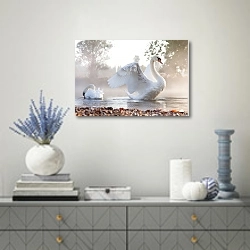 «Лебеди 1» в интерьере современной гостиной с голубыми деталями
