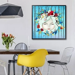 «Голова девушки в цветах» в интерьере столовой в скандинавском стиле с яркими деталями