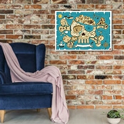 «Карта сокровищ» в интерьере в стиле лофт с кирпичной стеной и синим креслом