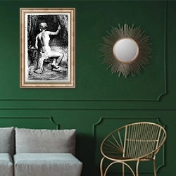 «The Woman with the Arrow, 1661» в интерьере классической гостиной с зеленой стеной над диваном