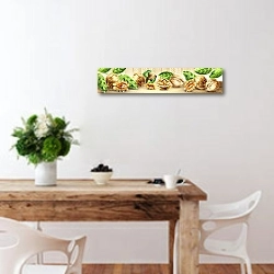«Акварельная панорама с грецкими орехами» в интерьере кухни с деревянным столом