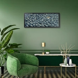 «Pebblescape with ringed plover, 1997» в интерьере гостиной в зеленых тонах