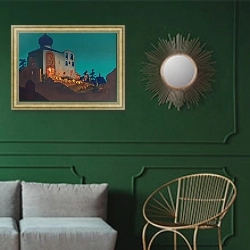 «Руская Пасха» в интерьере классической гостиной с зеленой стеной над диваном