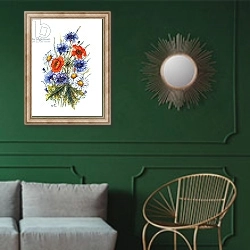 «Cornflower, Poppy and Ox-eye Daisy» в интерьере классической гостиной с зеленой стеной над диваном