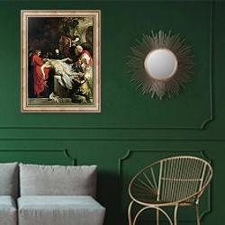 «The Entombment 2» в интерьере классической гостиной с зеленой стеной над диваном