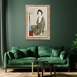 «A beauty in a black kimono with white hanabishi patterns, seated before a mirror, 1920» в интерьере зеленой гостиной над диваном