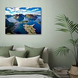 «Норвегия. Лофонтенский архипелаг, вид сверху» в интерьере современной спальни в зеленых тонах