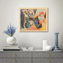 «Drei Figuren in Landschaft» в интерьере современной гостиной с голубыми деталями