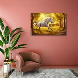 «Единорог в золотом лесу» в интерьере современной гостиной в розовых тонах