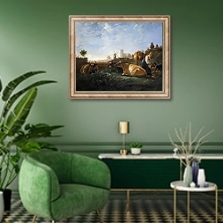«Вид на Дордрехт 2» в интерьере гостиной в зеленых тонах