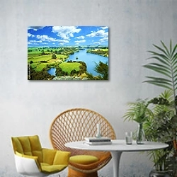 «Новозеландский пейзаж» в интерьере современной гостиной с желтым креслом