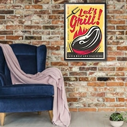«Ретро-плакат со свежим бифштексом» в интерьере в стиле лофт с кирпичной стеной и синим креслом
