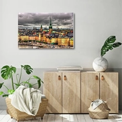 «Швеция, Стокгольм. Вид на город» в интерьере современной комнаты над комодом