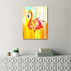 «Яркая птица фламинго на размытом фоне» в интерьере в стиле минимализм над тумбой