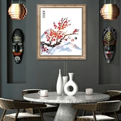 «Вишневое дерево в цвету на фоне снежных горных вершин» в интерьере в этническом стиле над столом