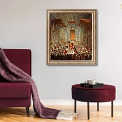 «Coronation Banquet of Joseph II in Frankfurt, 1764» в интерьере гостиной в бордовых тонах
