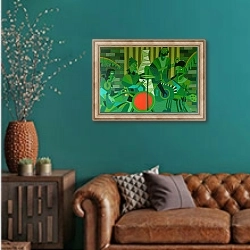 «The french vermilion drum, 2012, oil on canvas» в интерьере гостиной с зеленой стеной над диваном
