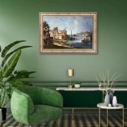 «Здания, люди рядом с рекой и судоходством» в интерьере гостиной в зеленых тонах