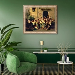 «After School, 1844» в интерьере гостиной в зеленых тонах