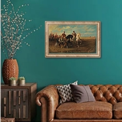 «Арабский конюх» в интерьере гостиной с зеленой стеной над диваном