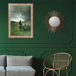 «After storm, Giovanni Segantini, oil on canvas, 180x120 cm» в интерьере классической гостиной с зеленой стеной над диваном