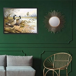 «Geese: Canada» в интерьере прихожей в зеленых тонах над комодом