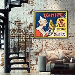«Vanty» в интерьере двухярусной гостиной в стиле лофт с кирпичной стеной