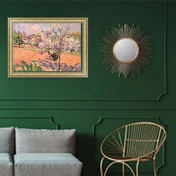 «Two Peasants sowing Beans in an Orchard» в интерьере классической гостиной с зеленой стеной над диваном