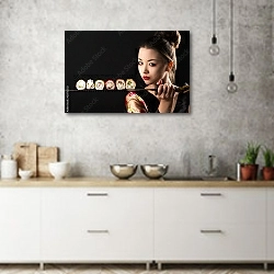 «Девушка самурай с мечом и роллами» в интерьере современной кухни над раковиной