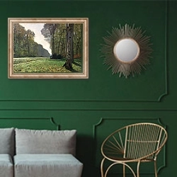 «The Road to Bas-Breau, Fontainebleau, c.1865» в интерьере классической гостиной с зеленой стеной над диваном
