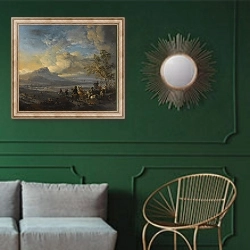 «The Falcon Hunt» в интерьере классической гостиной с зеленой стеной над диваном