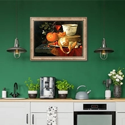 «Still life of an orange, a lemon and strawberry on a pewter plate, a wan-li bowl behind» в интерьере кухни с зелеными стенами