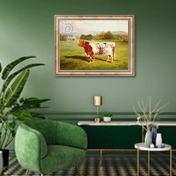 «Portrait of a Shorthorn, 19th century» в интерьере гостиной в зеленых тонах