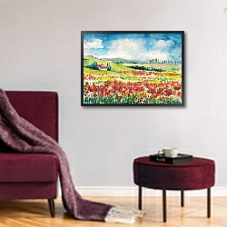 «Тосканский пейзаж с полем красных маков» в интерьере гостиной в бордовых тонах