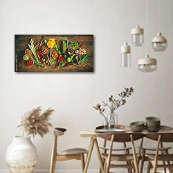 «Красочные травы и специи для приготовления пищи» в интерьере кухни в стиле ретро над обеденным столом