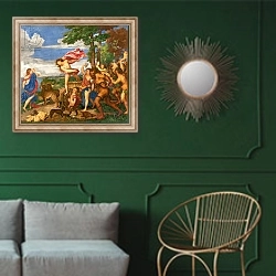«Bacchus and Ariadne, 1520-23» в интерьере классической гостиной с зеленой стеной над диваном