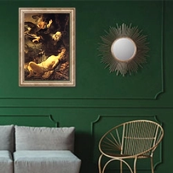 «Жертвоприношение Авраама 2» в интерьере классической гостиной с зеленой стеной над диваном