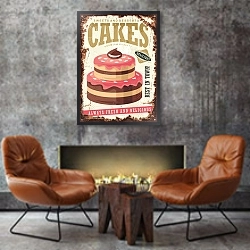 «Ретро-плакат с вкусным розовым тортом на старом ржавом фоне» в интерьере в стиле лофт с бетонной стеной над камином