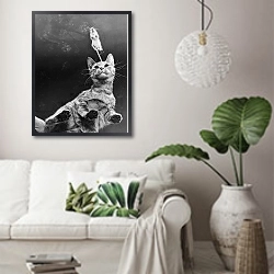 «История в черно-белых фото 1003» в интерьере светлой гостиной в скандинавском стиле над диваном