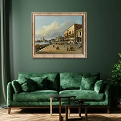 «Venice, A View Of The Riva Degli Schiavoni Looking Towards The Dogana And Santa Maria Della Salute» в интерьере зеленой гостиной над диваном