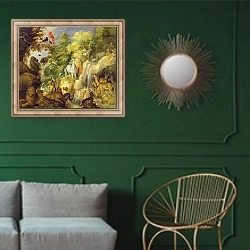 «Orpheus with Birds and Beasts, 1622» в интерьере классической гостиной с зеленой стеной над диваном