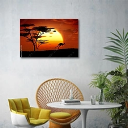 «Кенгуру на фоне закате, Австралия» в интерьере современной гостиной с желтым креслом